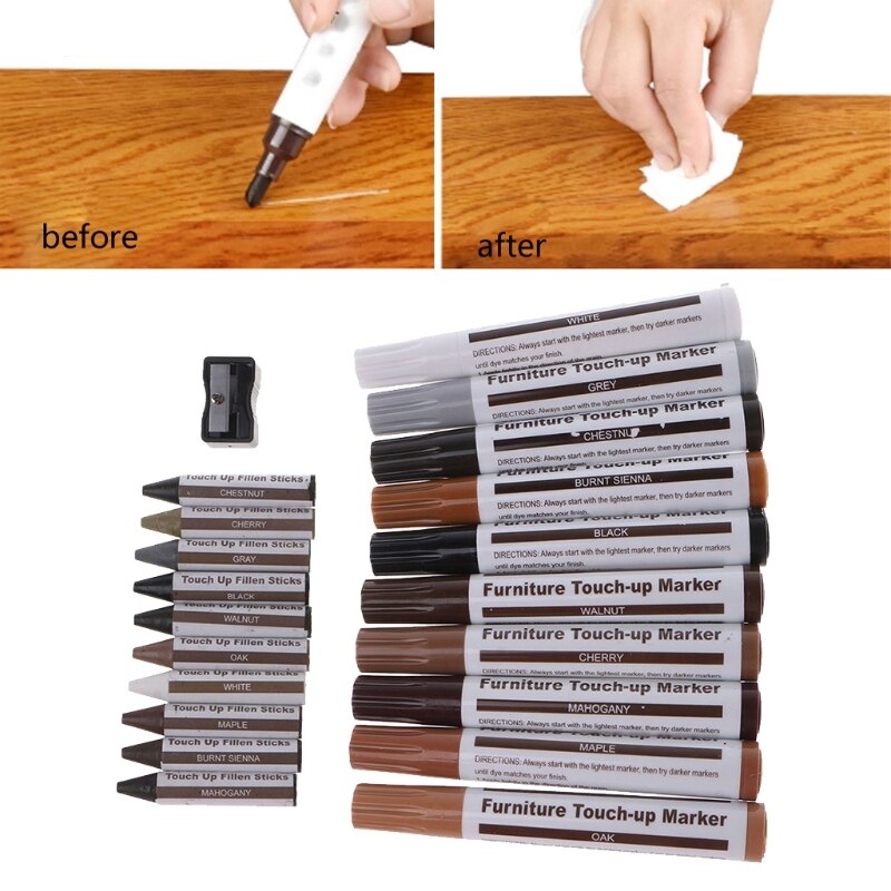 Furniture Markers Touch Up 21Pcs Marker and Wax Sticks with Sharpener Kit for Wood Funiture Repair Floor Scratch Restore