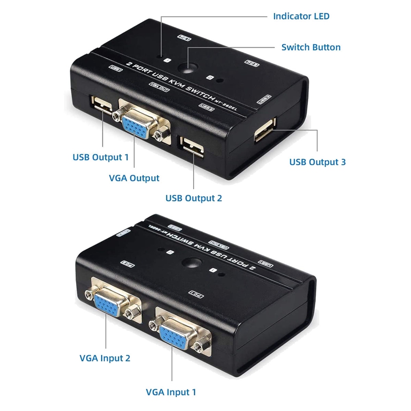 USB VGA KVM Switch with Cables, 2 Port Selector Switcher for 2PC Sharing 1 Video Monitor and 3 USB Devices, Keyboard