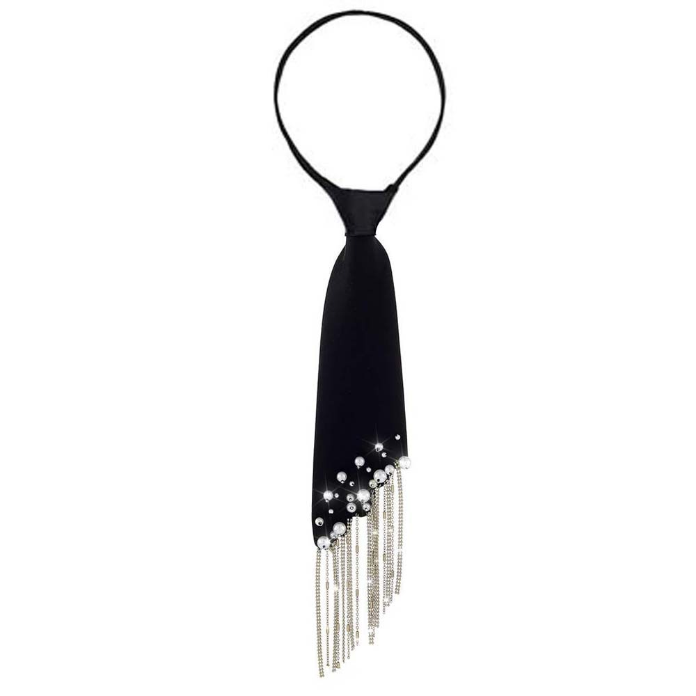 Clothing Decoration Korean Style Pearls Tie Tassels Black Hand-beaded Long Necktie Choker Geometric Decoration Shirt Tie Women: GRAY