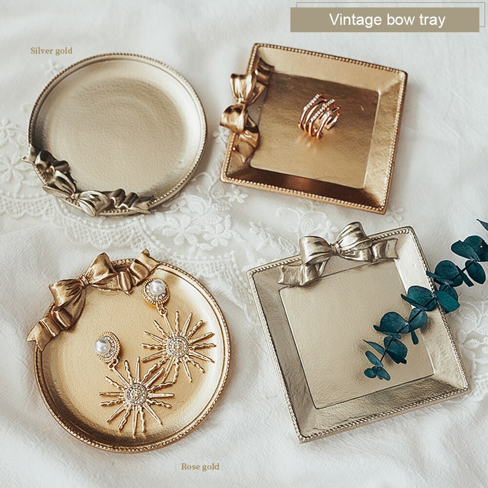 Retro still life photography, photo studio prop, golden vintage plate, dish with bow knot for jewelry, earrings, photography