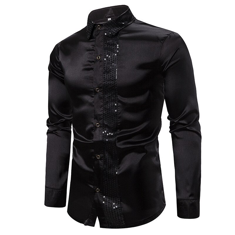 Timall 2020 herre silke sateng skinnende skjorter herre slim fit langermet paljett patchwork fest nattklubb bryllup skjorte s -2xl