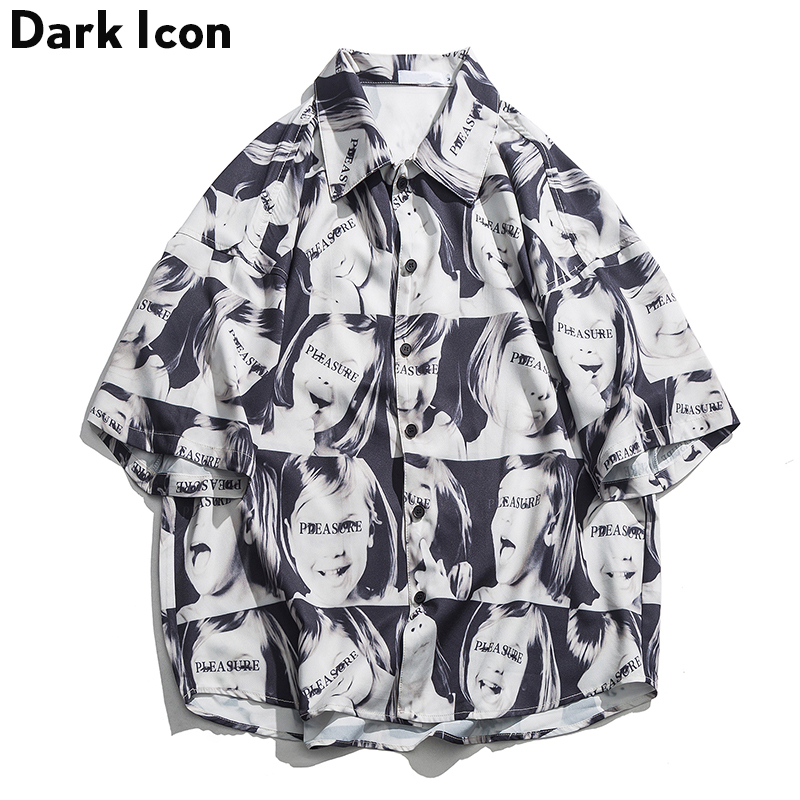 Mørkt ikon fuldtrykt street skjorter mænd sommer kortærmede herre skjorter oversized skjorter mænd streetwear tøj