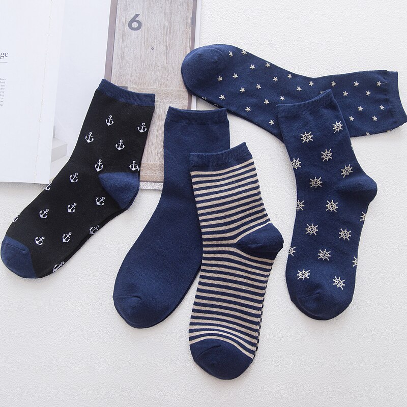 LJIQQ, 5 pares, novedad, azul marino, calcetines azules para hombre, calcetines informales de algodón con personalidad, calcetines de estilo coreano para primavera y verano