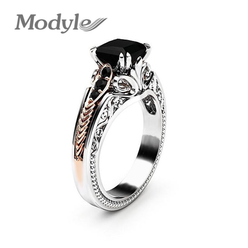 Modyle Zilver Kleur &amp; Goud Kleur Mode-sieraden Zwarte Cz Stone Flower Ring Voor Vrouw Kerstcadeau