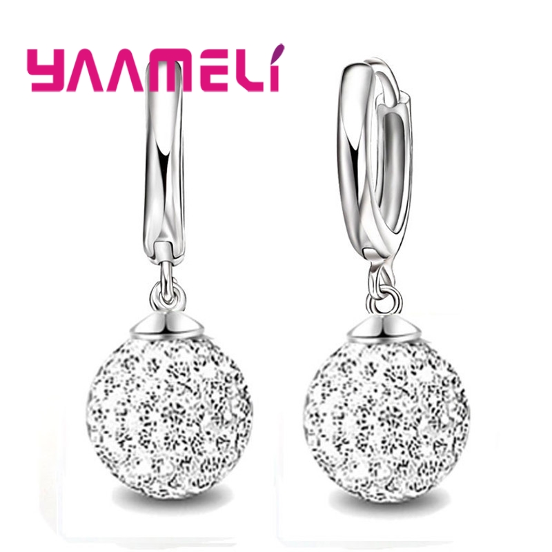 Pendientes de plata esterlina 925 para mujer y niña, aretes de cristal austriaco con bola de discoteca, aro con palanca trasera, joyería Huggie,