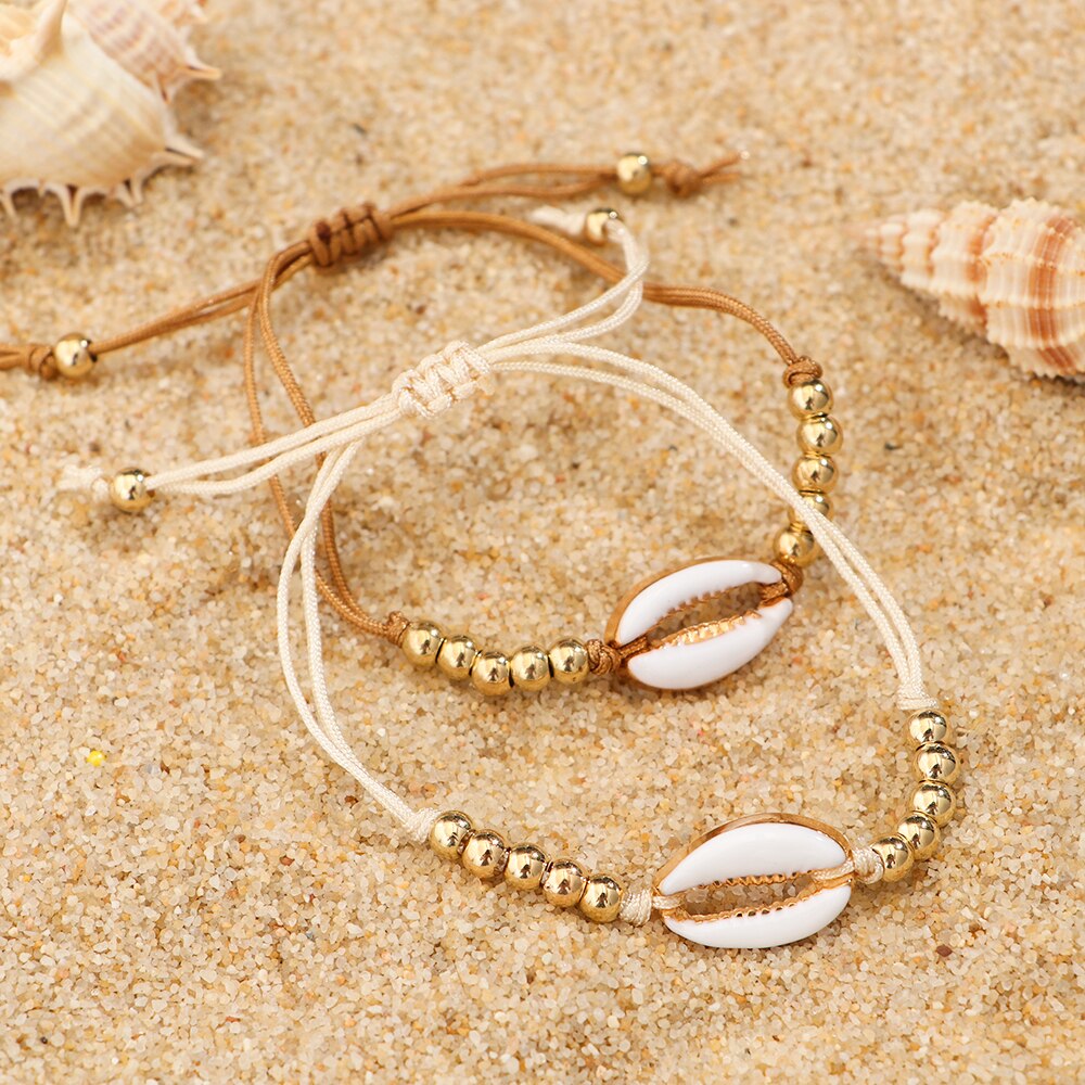 1pc shell perle armbånd boho vintage cowrie guld farve muslingeskal håndlavede justerbare armbånd strand smykker til kvinder