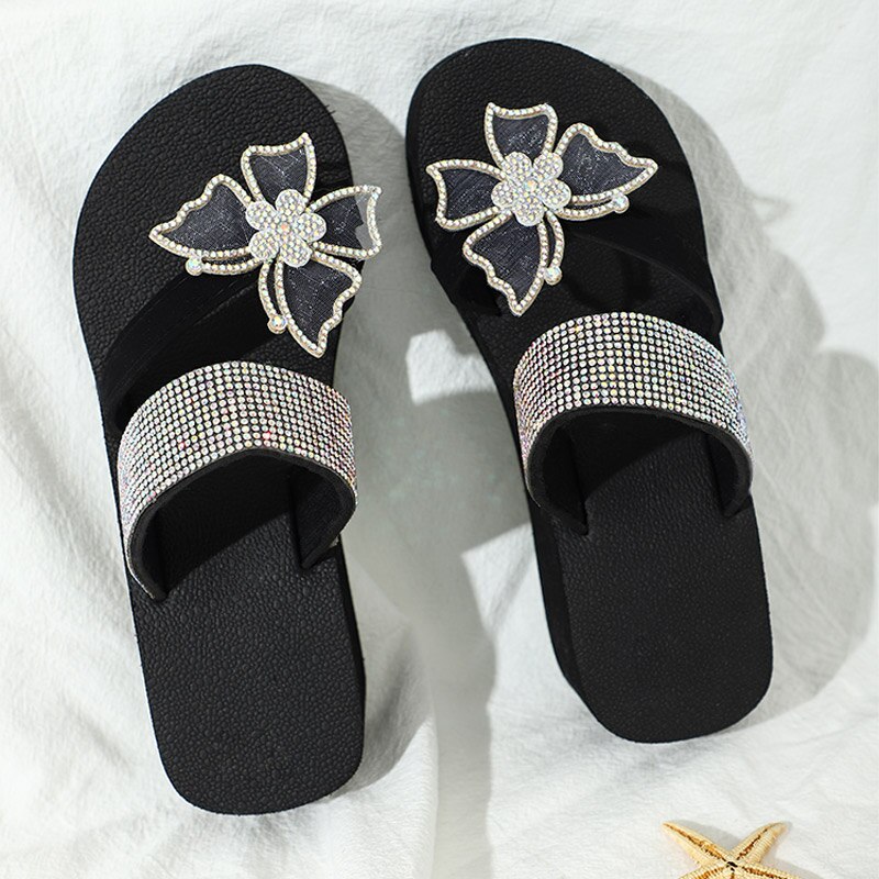 Zomer Vrouwen Clip Teen Slippers Crystal Rhinestone Vlinder Knoop Wiggen Slippers Sandalen Vrouwelijke Casual Comfort Slides Schoenen