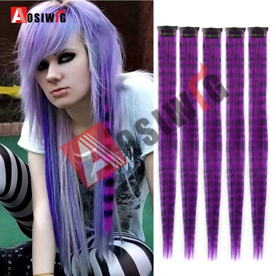 5PC Synthetic Feather Hair Extensions With Clips Heat Resistant Straight Hair Extensions Color Colored Black Hair Clip Womens 8G: T1B/PURPLE