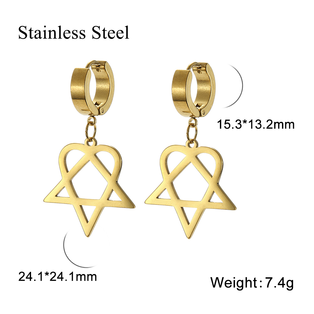 Lucktune Heartagram Star Dangle Clip Earrings Women Stainless Steel Heart Pentagonal Earrings Couple Goth Jewelry Birthday