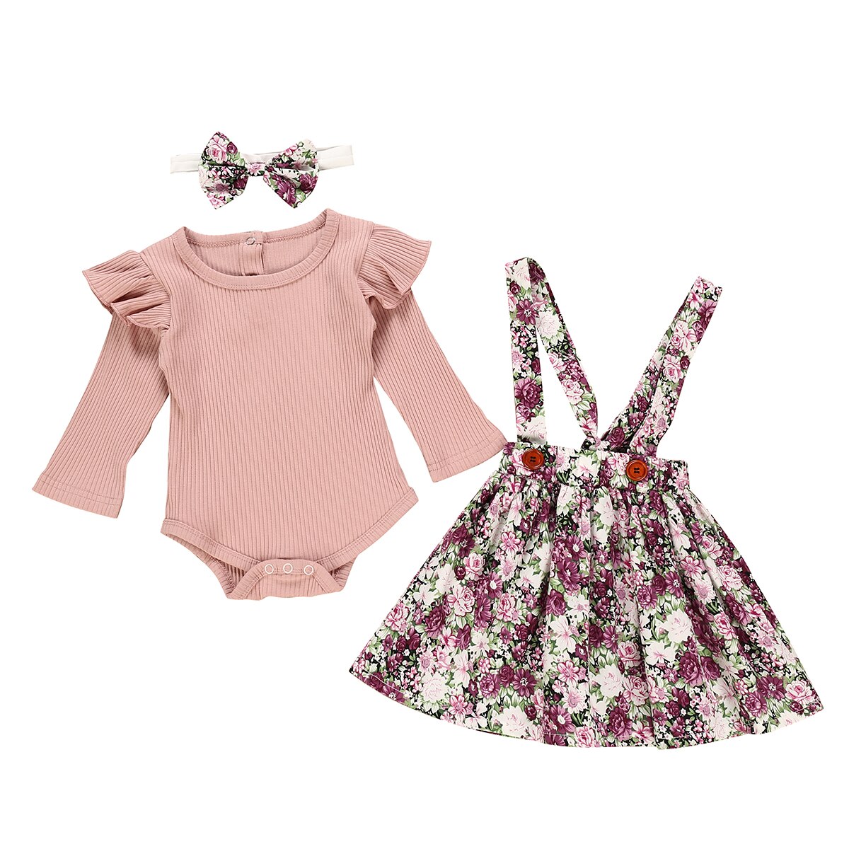 3Pcs Baby Meisje Kleding Sets Roze Romper + Band Jurk + Hoofdbanden Bloemenprint Pasgeboren Kleding Outfit Baby kleding Set: Bruin / 6m