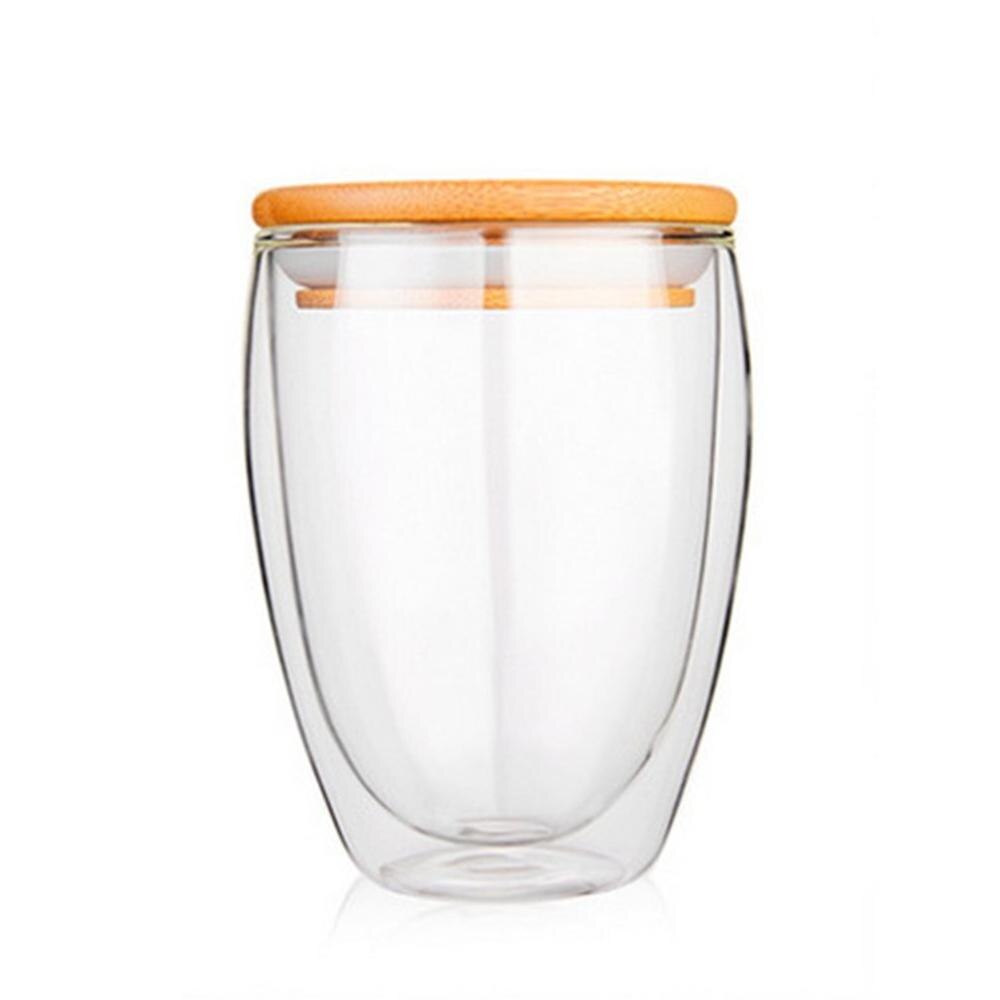 250Ml/350Ml/450Ml Double Layer Muur Glass Tea Cups + Bamboe Deksel Set Anti-Broeien Glas Koffie Thee Melk Isolatie Mokken: 350ml