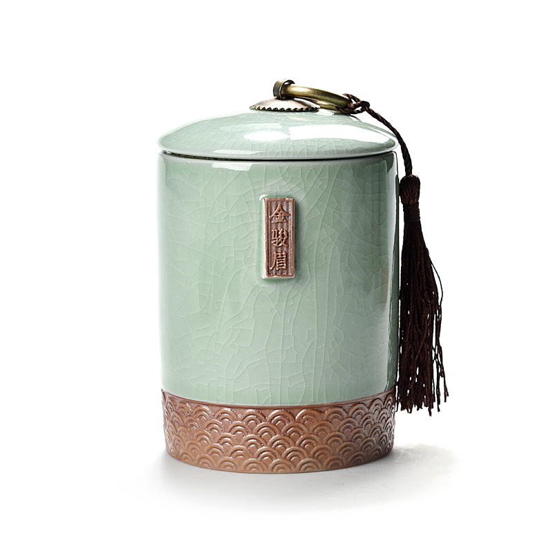 Pequeño tarro de té Caddy de cerámica sello de almacenamiento de té cofre café dulces caja de almacenamiento de alimentos de cocina juego de té Kung Fu tanque portátil: Jinjunmei Plum Green