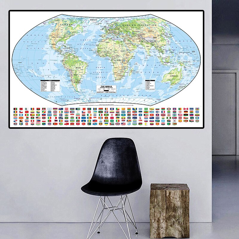 The World Political Map with National Flags Non-woven Foldable Canvas Painting 225*150cm Art Poster Wall Sticker Card Home Decor