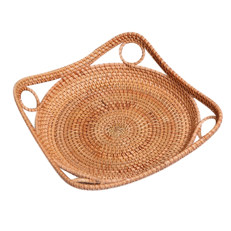 Rund rottingbricka med handtag tebröd soffbord serveringskorg, vävd förvaringsbricka, heminredning