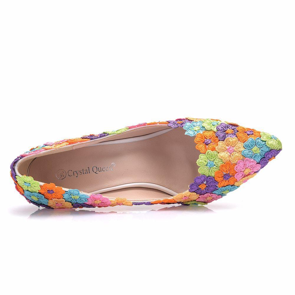 Crystal queen kvinnor skor mångfärgad spets bröllopsskor 7cm höga klackar stor storlek skor sweet pumps prinsess festklackar