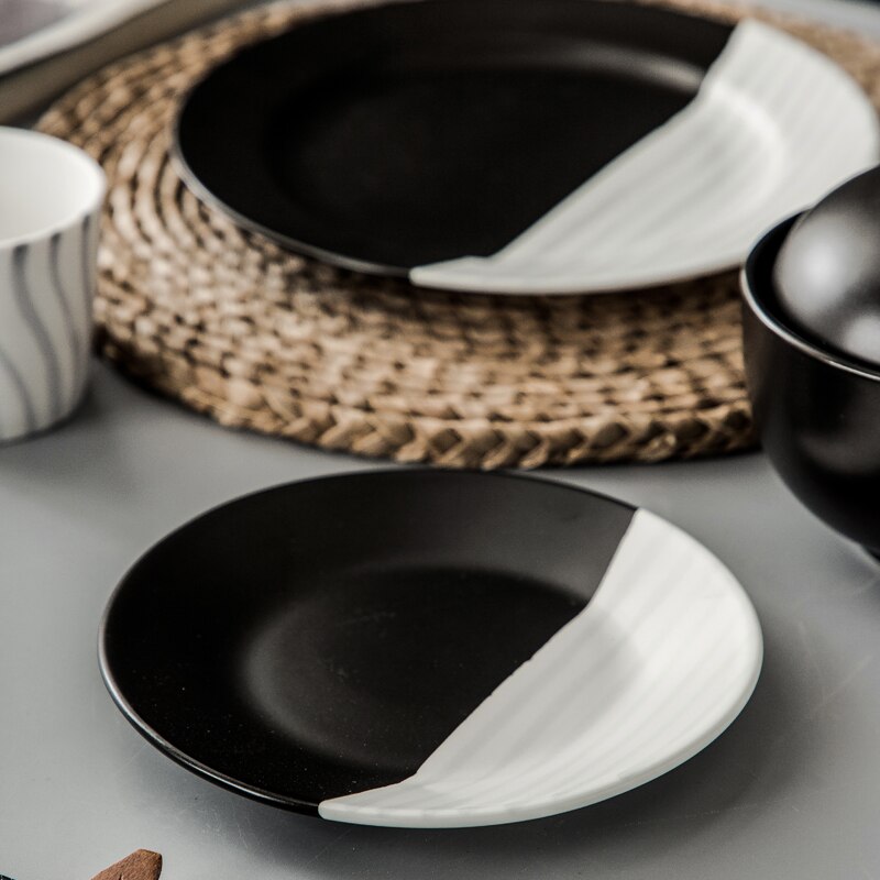 black and white matte plate ceramic shallow plate western food plate simple high-end sense plate home pasta salad plate