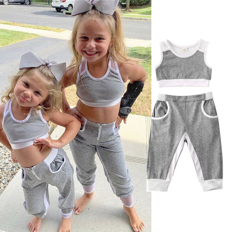 Toddler Kids Baby Girl Sports Outfit Vest Crop Top Pants Tracksuit Clothes