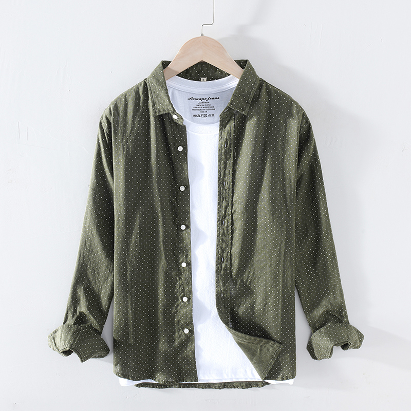 Camisas de primavera para hombre, camisa holgada de lino 100% a la con lunares, ropa de Y2546 de talla grande para hombre