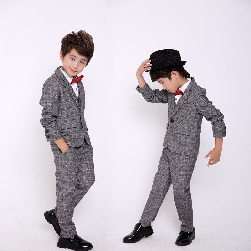 Crianças primavera outono ternos de vestido formal conjuntos flor meninos do casamento formatura escola terno conjunto crianças xadrez blazer colete calças 3 pçs roupa