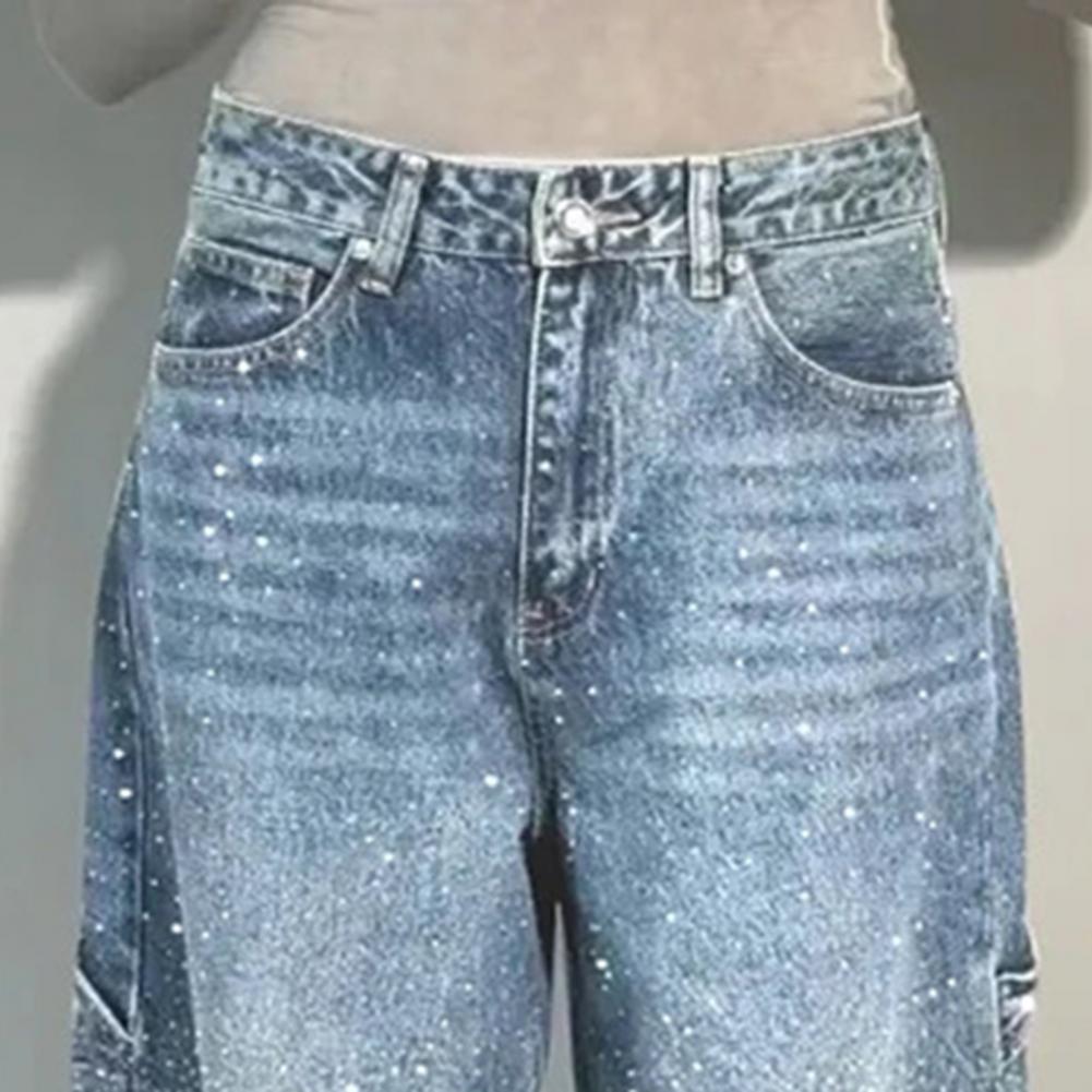 Elegante jeans med rhinsten kvinder løse lommer alsidige lynlås lav talje lige denimbukser kvinde forår dame streetwear