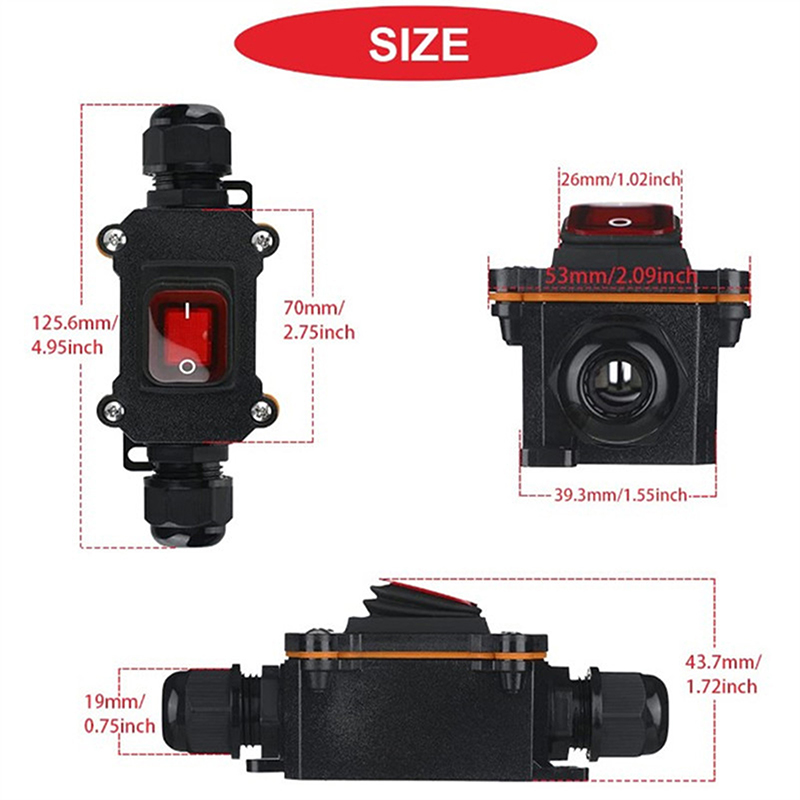 Inline Power Cord 110V-220V 12V-24V Marine Rocker Switch On Off Waterproof IP67 Junction Box 20A High Current Connector Outdoor