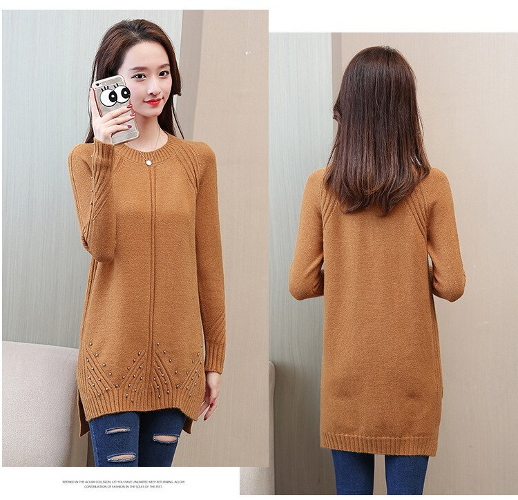 Women's Knitted Wool Dress Winter Turtleneck Beading Split Slim Thicken Medium Long Sweater Tops Female