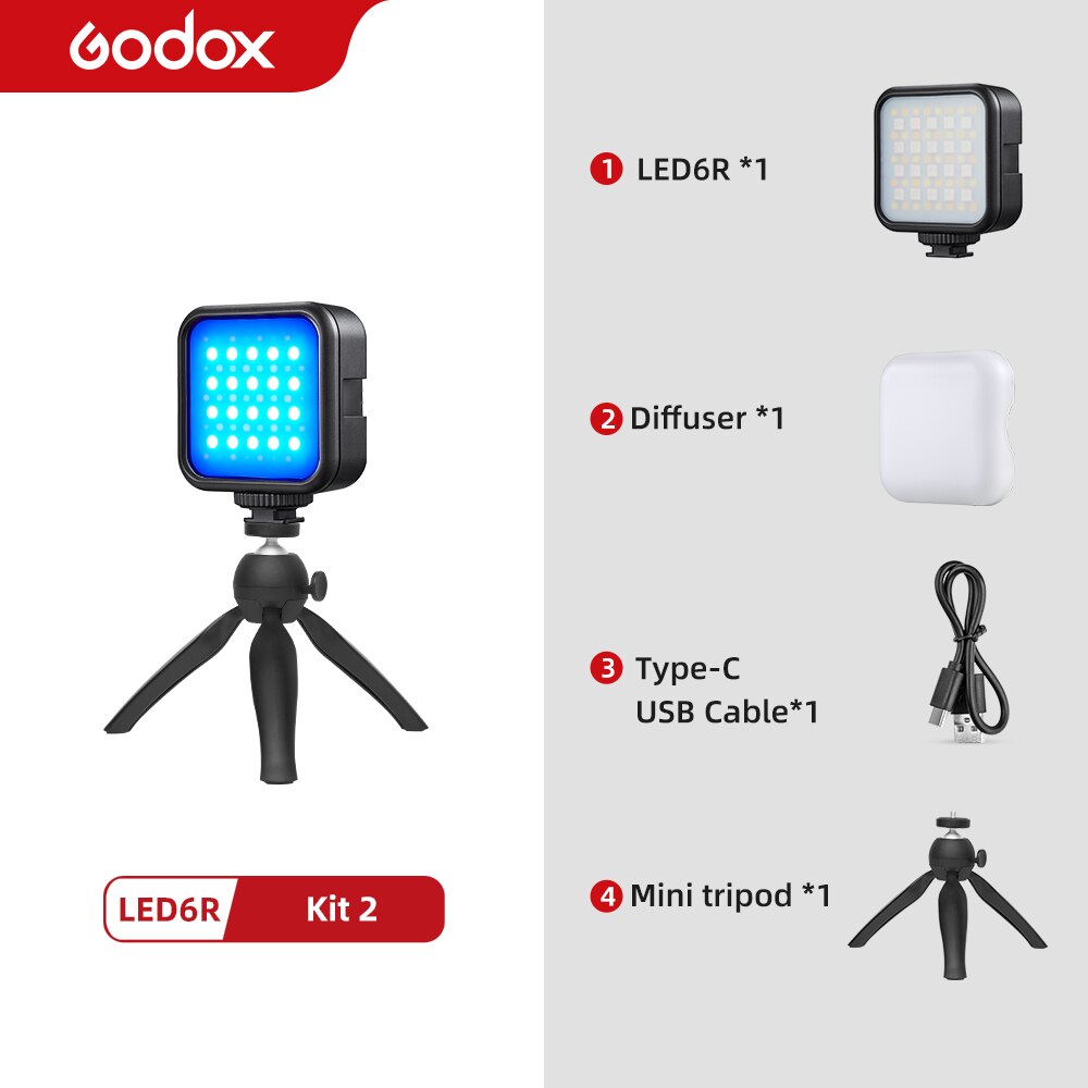 Godox LED 6R RGB Video Licht, dimmbar 0-360 Voll Farbe 3200K-6500K 13 FX Effekte Gebaut-in 1800mAh Li-Ion batterie für Video Licht: Bausatz 3