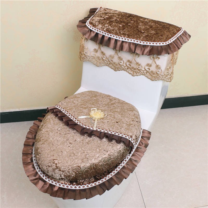 3 Pcs/set Toilet Seat Covers Water Tank Cover With Lace, Warm Fabric