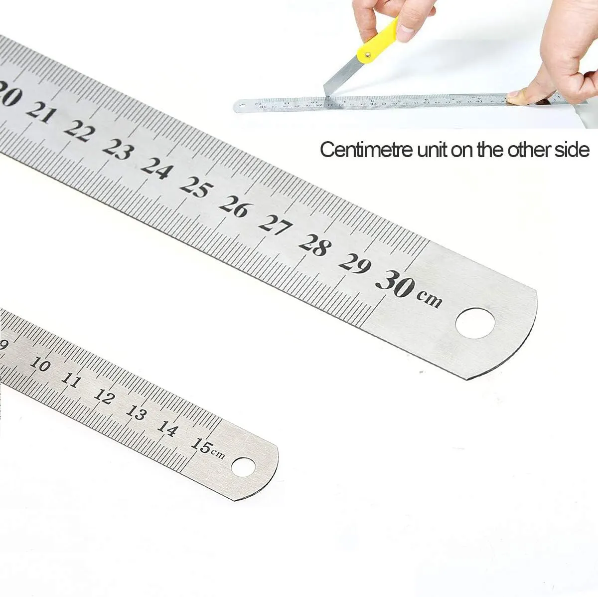 Regla recta de doble cara de acero inoxidable, regla métrica de escala de centímetros y pulgadas, herramienta de medición de precisión, suministros escolares y de oficina: Blanco