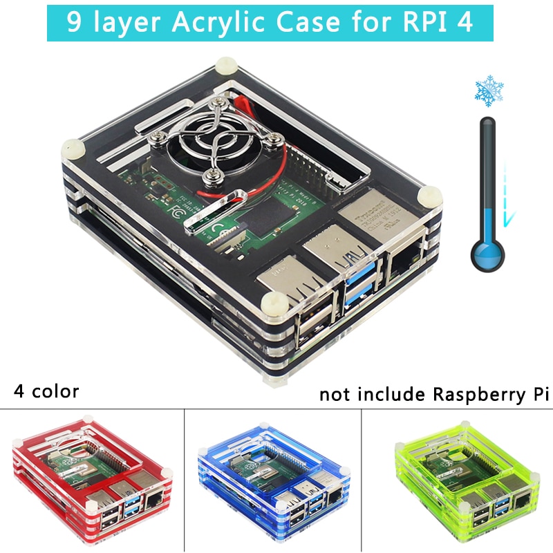 9 Layer Acryl Case Voor Raspberry Pi 4 Transparante Doos 4 Kleur Shell Met Koelventilator Bescherm Cover Voor Raspberry pi 4 Model B