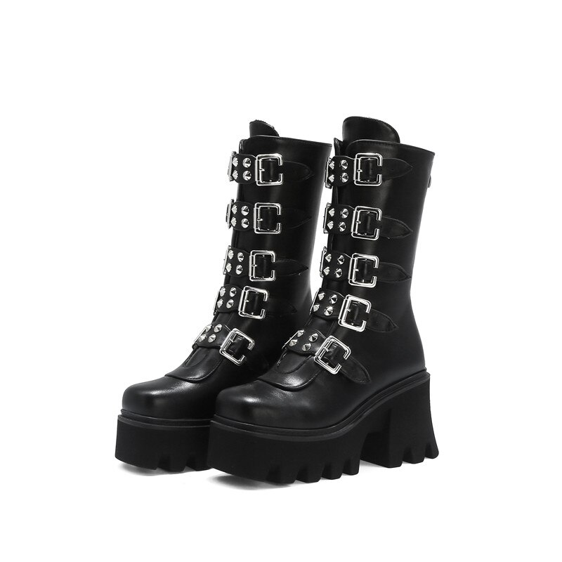 ASUMER nouvelle mi-mollet bottes femmes Style européen talon carré plate-forme bottes boucle populaire punk chaussures dames noir