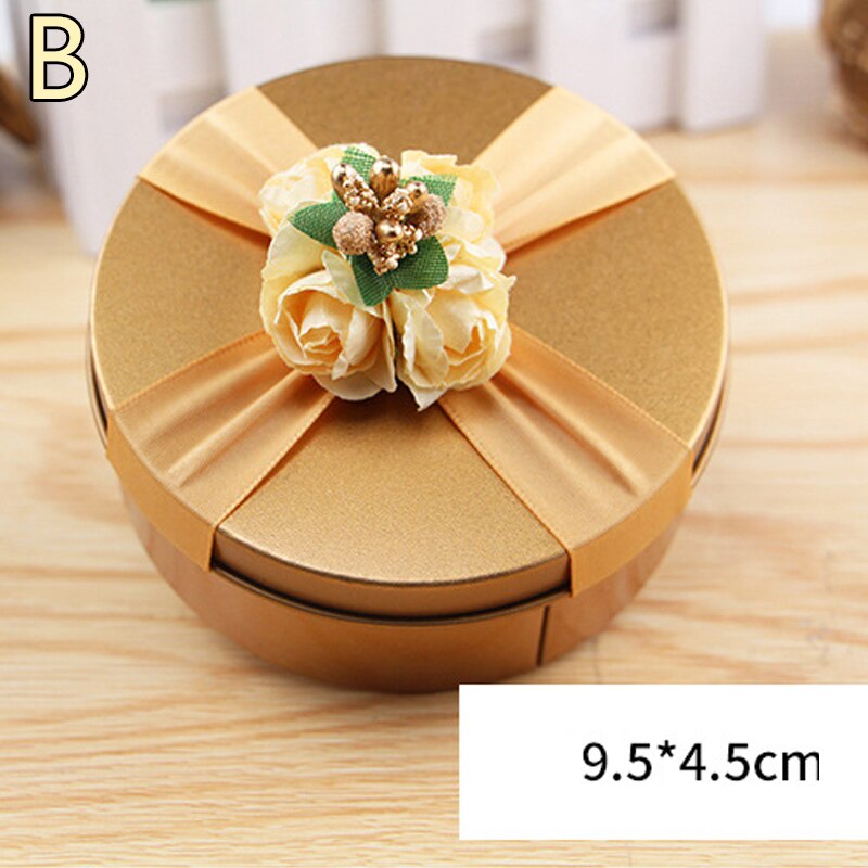 Luxury Gold Round Shape Tinplate Wedding Candy Box With Berry Flower Ribbon Metal Small Party Favors Chocolate Boxes: B-M