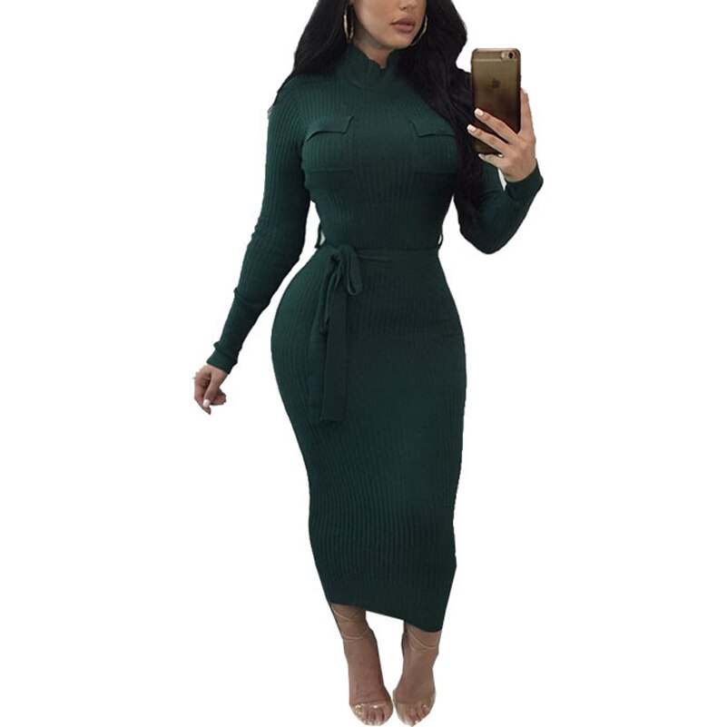 hoch Nacken angeschnallt Strickkleid Frauen Winter Kleid Langarm zur Seite fahren Kleid Weibliche Taschen Bodycon Büro Kleid Kleid MT2237