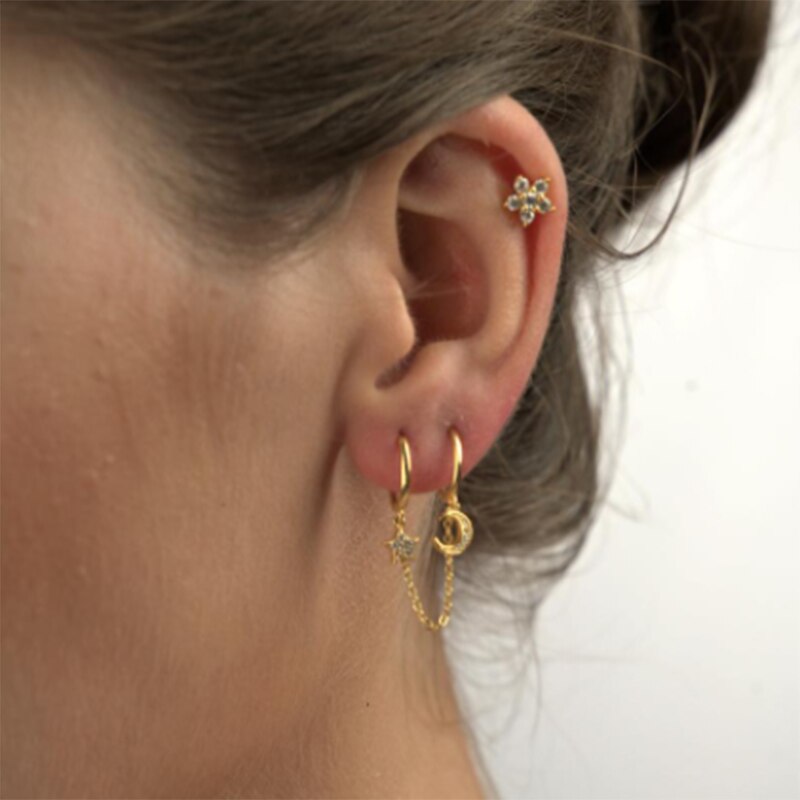 Aide – boucles d&#39;oreilles en argent Sterling 925 avec pendentif lune et étoile, en cristal CZ, 9mm, 1 pièce