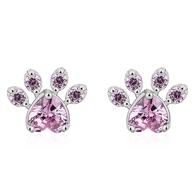 SIPENGJEL Cute Pink Zircon Cat Paw Earrings Trend Bear And Dog Paw Pink Claw Stud Earrings For Women Jewelry: SILLVER