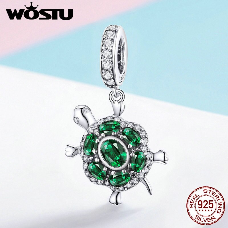 WOSTU 100% 925 Sterling Silver Green Turtle Charm Fit Bracelet & Necklace Pendant Lovely Animal Jewelry CQC1017