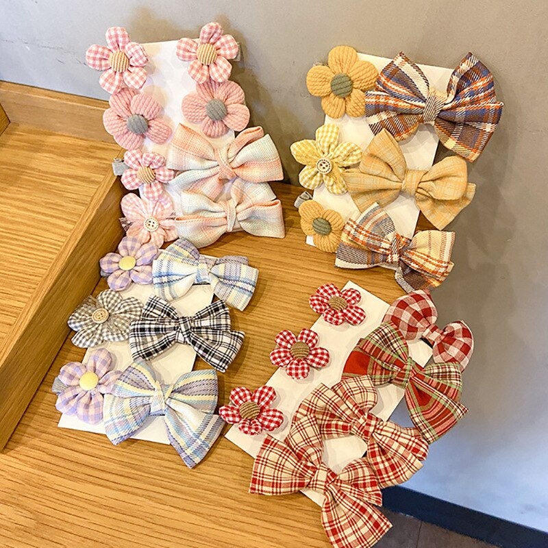 6/7 Pcs Baby Haar Clips Bloem Bogen Kids Haarspelden Voor Meisjes Plaid Gedrukt Kinderen Haarspeldjes Baby Meisje Haar Accessoires
