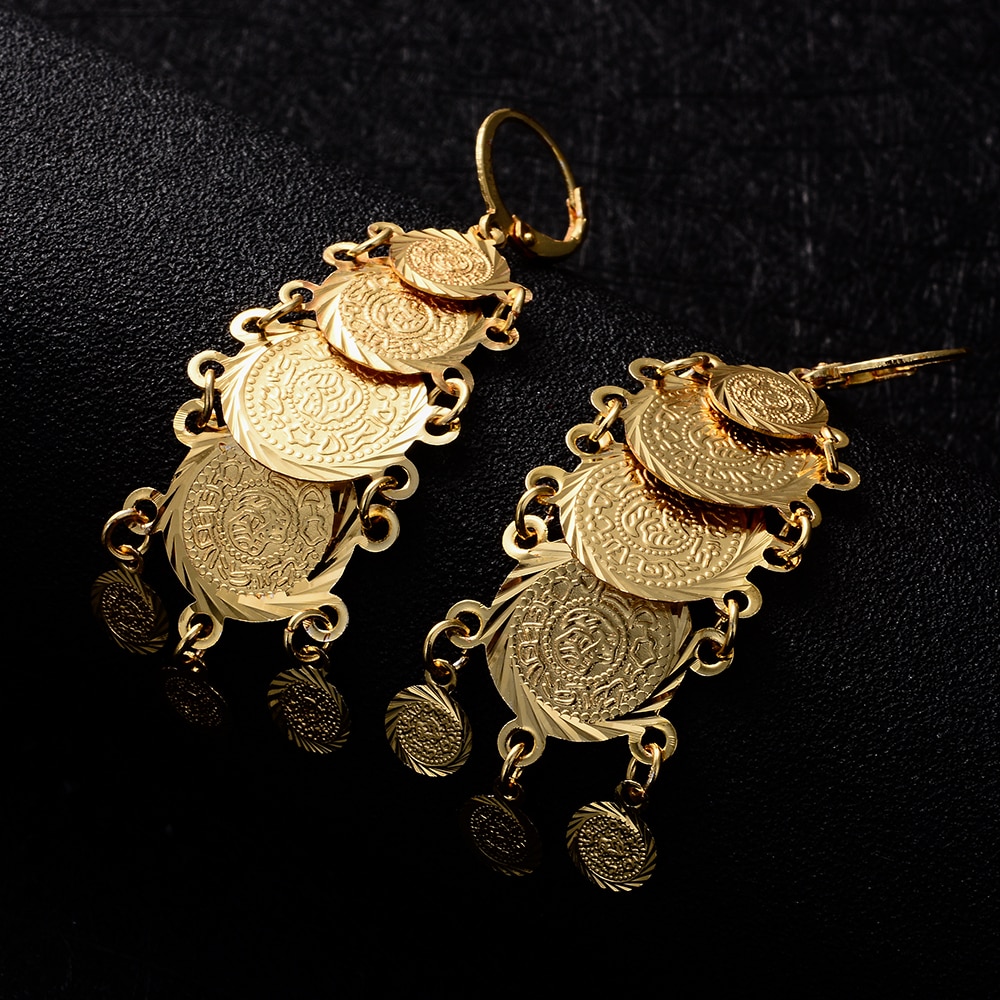 Arab Dubai Metal Gold Color Coin Earrings For Women Girl Middle East African tassel bride Jewelry E67