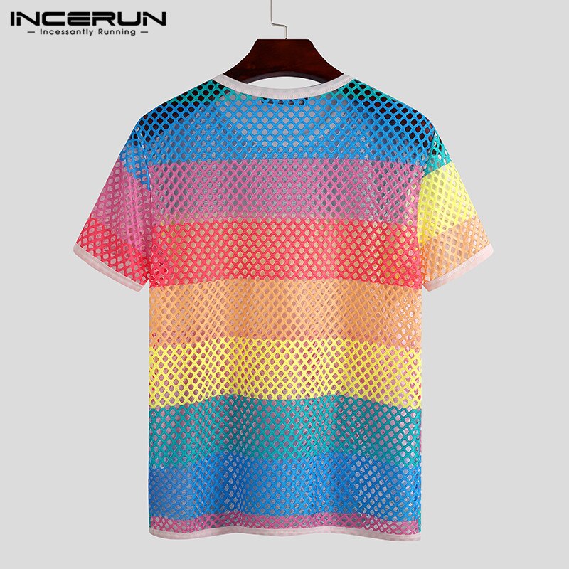 Camiseta de malla para hombre, camisetas degradadas de manga corta a la , blusa transparente con Tie Dye, ropa de calle, camisetas para fiestas en club nocturno, 7