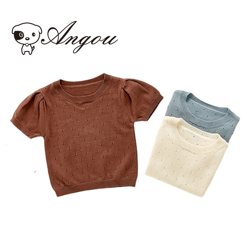 Camiseta infantil de malha angou 2021, camiseta de bebê para meninas, manga curta de cor pura e fofa