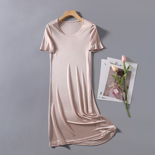 Kvinder& #39 ; s 50%  silke 50%  viskose strik stretchy korte ærmer hel slip nattøj natkjole natkjole  xs327: Beige / M