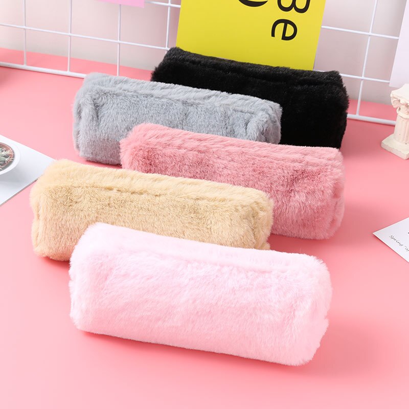 Estuche para lápices Kawaii, estuche de pelo bonito Color rosa, estuche para lápiz de Color sólido para niñas, estuche para lápices, Papelería, Material Escolar encantador