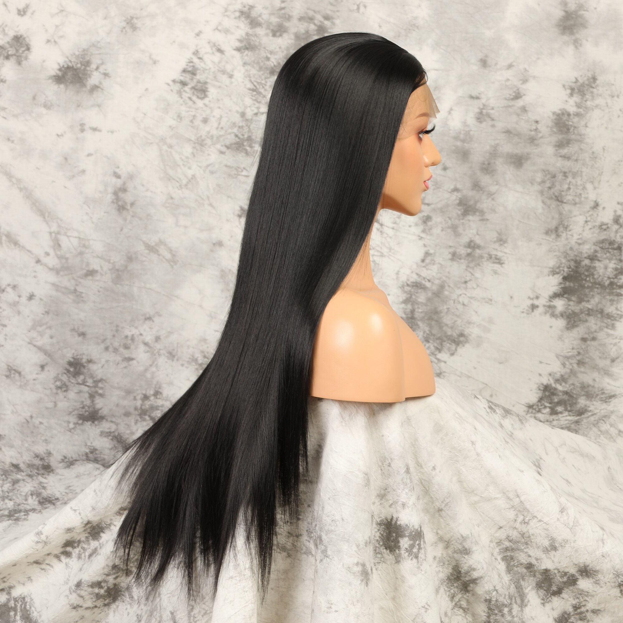 PAFF longue noir naturel délié droite synthétique dentelle avant perruque pour les femmes doux résistant à la chaleur Fiber cheveux perruque