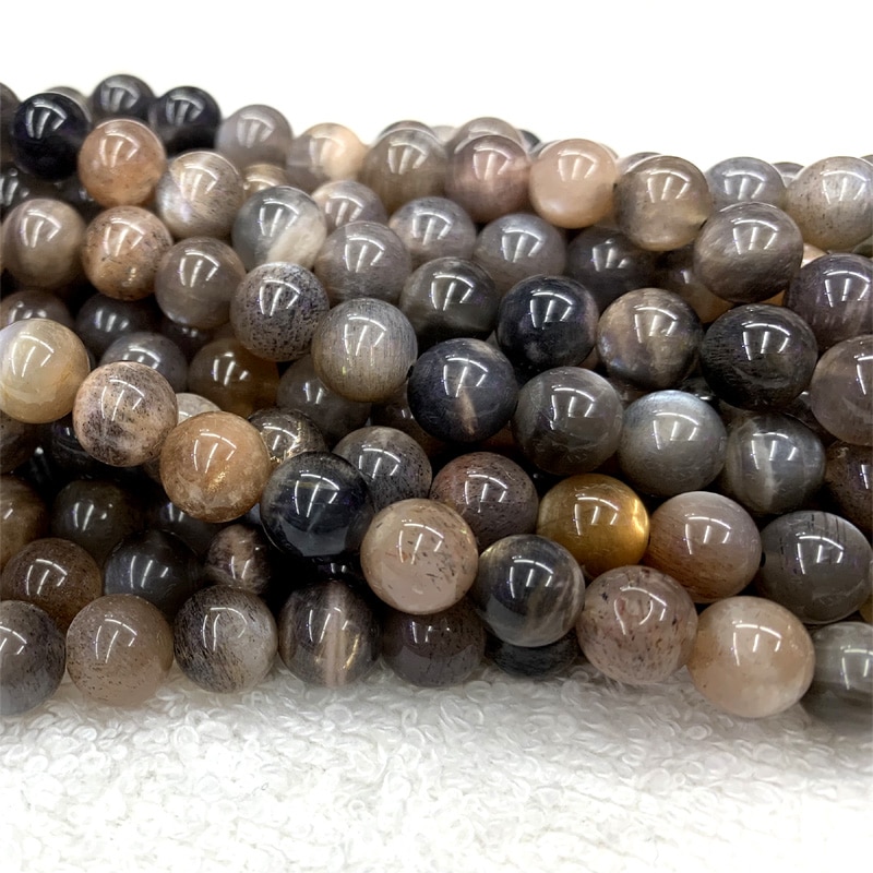 15" Real Genuine Natural Gray Black Gold Sunstone flash light Round Loose Gemstone Ball Small Beads 6-10mm 06373