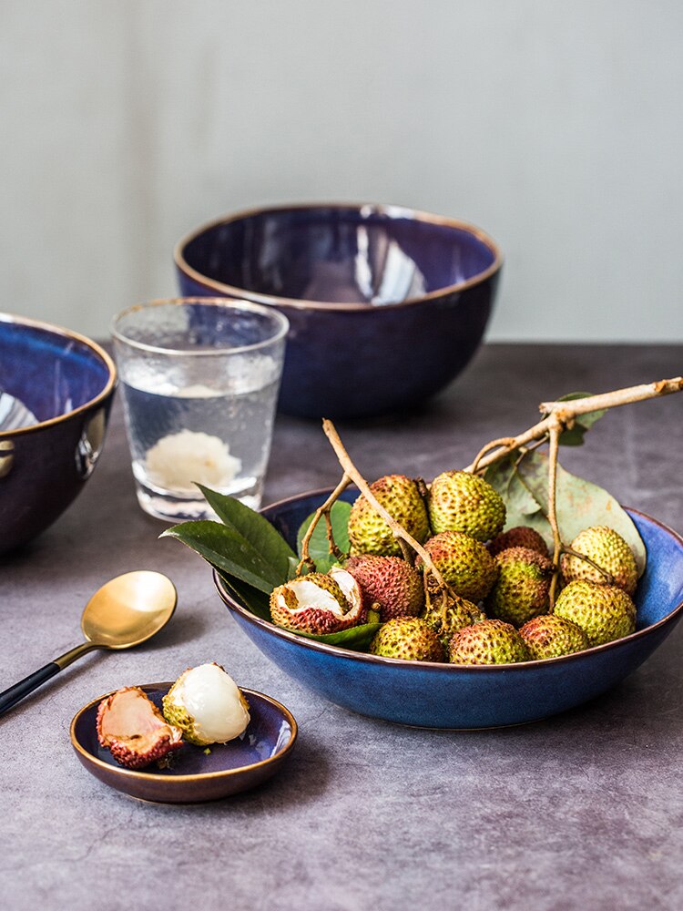 Household bowl and plate combination set simple retro ceramic tableware noodle salad bowl Steak cake dessert plates