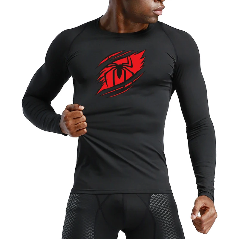 Y2K GYM Compression Tshirts Sport Workout Spider Print T-shirts Mens Running Fitness Tight Long Sleeve Sportswear Top Tee