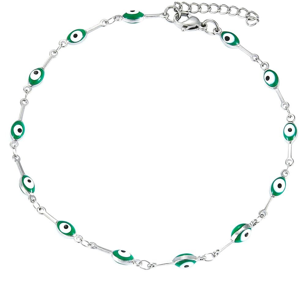 Pulsera de tobillo de acero inoxidable con cuentas de esmalte de 4MM, superposición de oro con Mini pulsera ajustable de estilo de ojo malvado de colores con extensor: Green / 17.5cm Bracelet