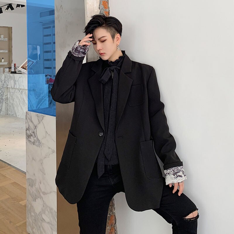 Menn blazer jakke årgang skrive ut fôr løs uformelt kjole kåpe mann streetwear elegant stil hofte hopp kjole frakk yttertøy