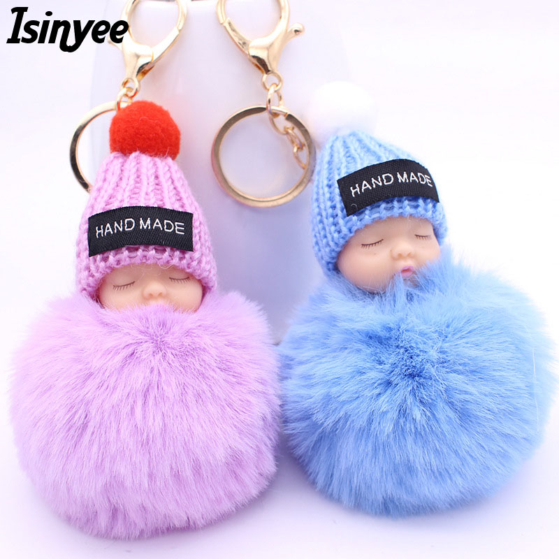 ISINYEE Leuke Slapen Babypop Sleutelhangers Voor Vrouwen Bag Speelgoed Sleutelhanger 8 cm Pluizige Pom pom Faux Bont Sleutelhanger Trinket Sieraden