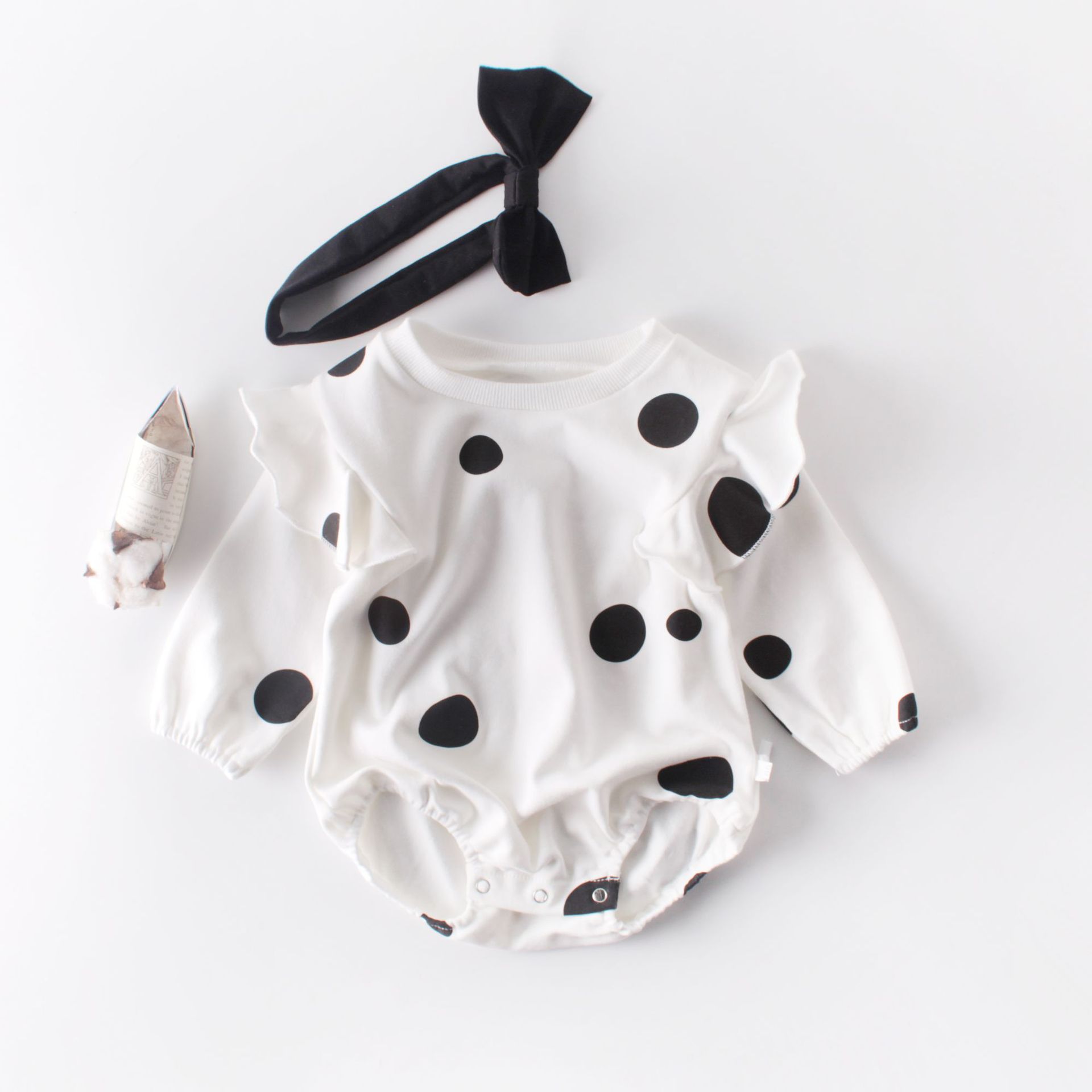 0-24M Autumn Infant Kids Girls Boys Bodysuits Polka Dot Print Ruffles Long Sleeve Jumpsuits Clothes Headband 2pcs: Black / 24M